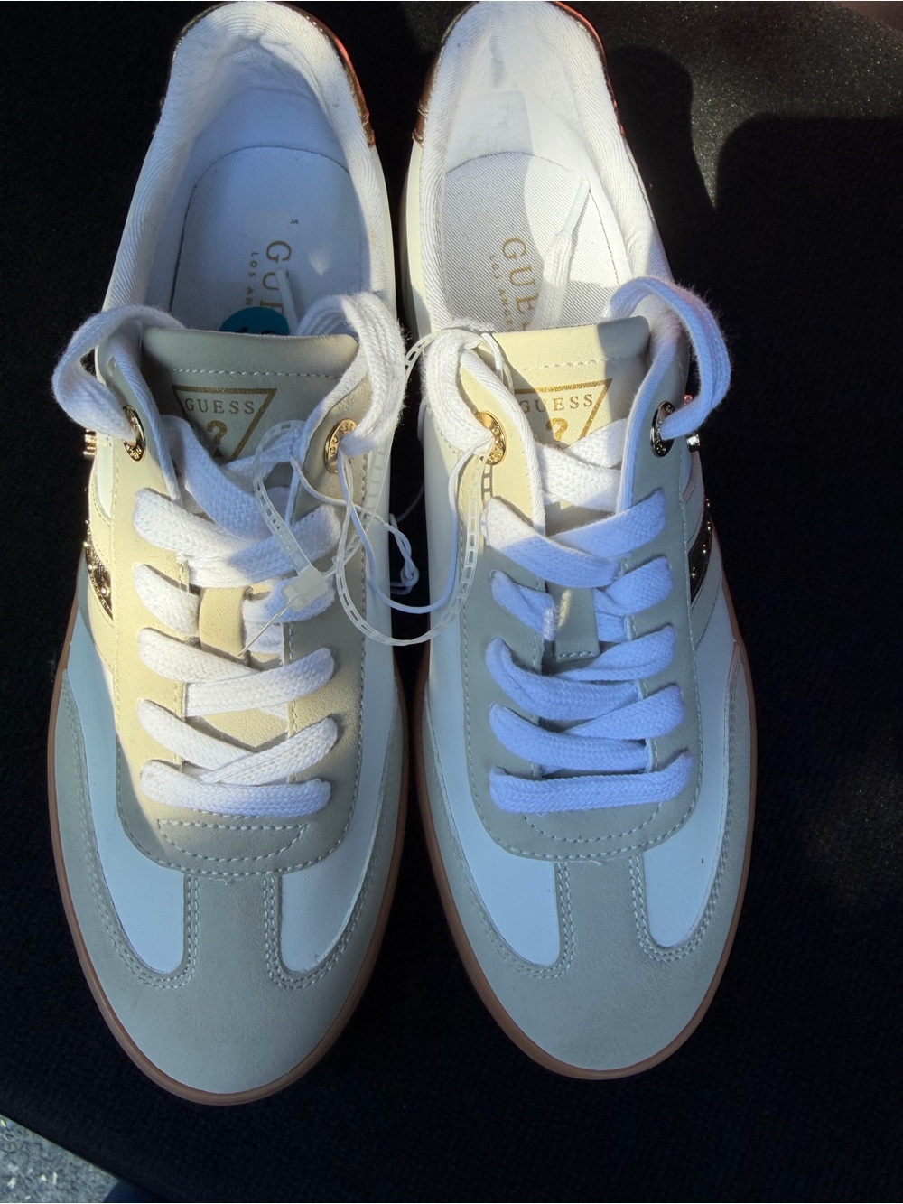 GUESS White and Beige Low-Top Lace-Up Sneakers with Gold Accents